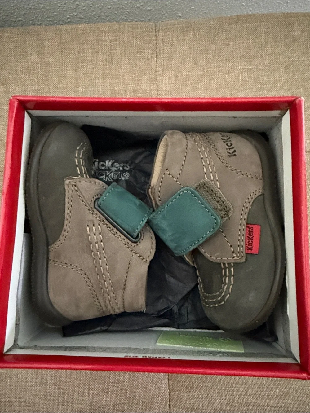 Kickers Bold brown & teal Shoe with velcro strap with Box size 4 baby/toddler